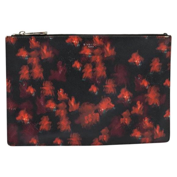 GIVENCHY Clutch Bag Safiano Leather Red Silver Auth BA2760